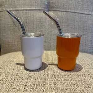 Set of Mini White and Orange Tumblers with Metal Straws